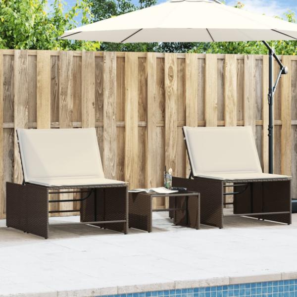 vidaXL Sonnenliegen 2 Stk. mit Tisch Braun Poly Rattan 368423