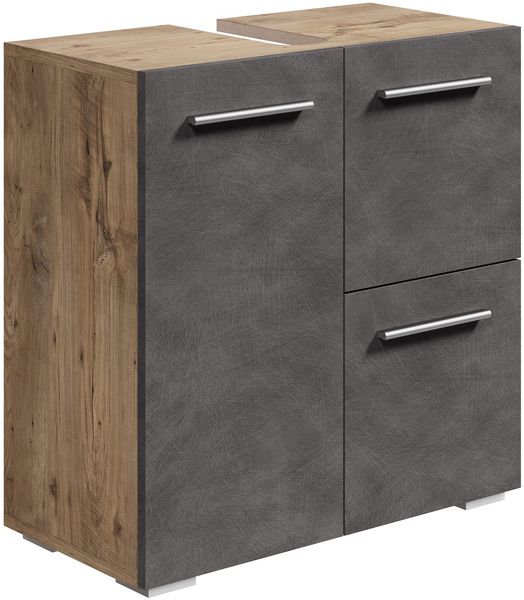 Badplaats Waschbeckenunterschrank Mars 60 x 30 cm Kastanien Eiche mit Dunkel Grau - Stehender Badezimmerschrank mit 2 Türen und 1 Schublade