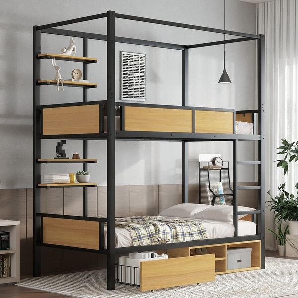 Merax Etagenbett (1-St, Stockbett Eisenbett Jugendbett), Metall Kinderbett 90x200cm mit Schubladen Ablagefläche Geländer Leiter