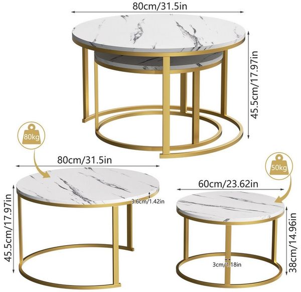 TWSOUL Couchtisch 2er-Satztisch Kaffeetisch stapelbarer, 80x45.5CM + 60x38CM