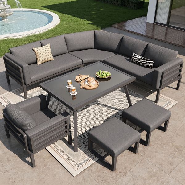 Halbmond-förmiges Gartensofa-Set für 8 Personen mit robustem Eisengestell, grauen Polstern, Glastisch, Sessel und 2 Hockern, wetterfest