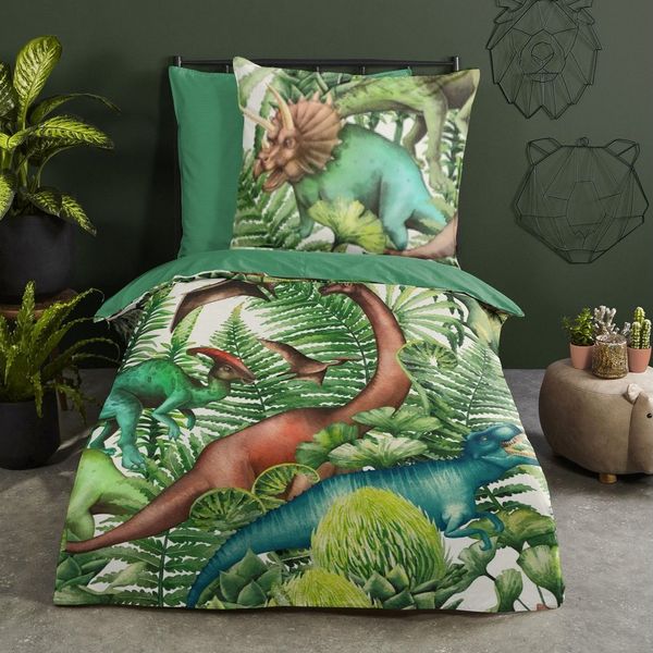 JACK Kinderbettwäsche 135x200cm Dinosaurier Landschaft Urwald, Renforcé, 2 teilig, das Richtige für jeden Dino-Fan