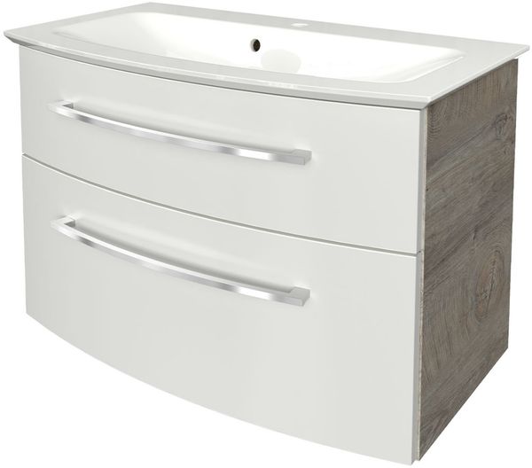FACKELMANN B.STYLE Waschbecken mit Unterschrank 83 cm breit, Weiß/Braun hell, Waschbecken Gussmarmor Weiß
