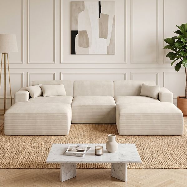 skølm 'Freki' Cloud Sofa 3 Sitzer mit 2x Hocker, Vollschaumcouch mit Federkern und Vakuum-Kompression, kein Aufbau erforderlich, mit 3 Kissen, Cord beige