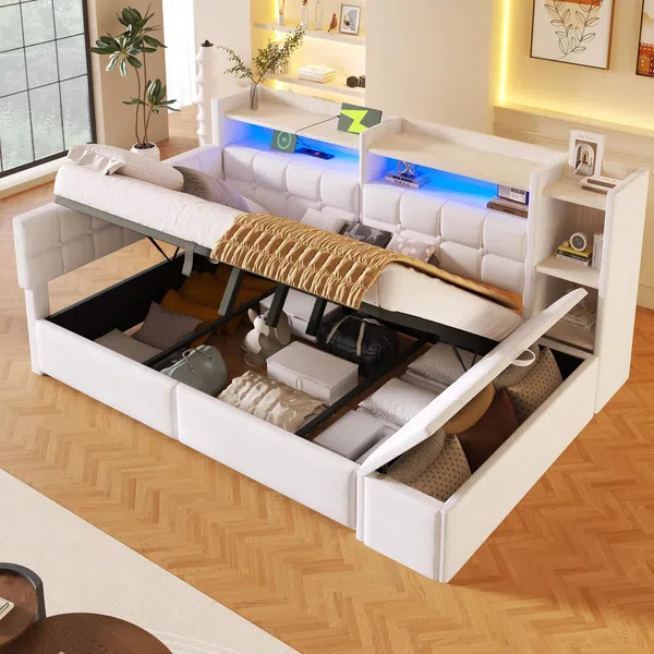 Stauraumbett mit LED-Beleuchtung, Aufbewahrung, Lattenrost, Regal und USB/Type-C Anschlüssen, 140x200 cm, Schlafsofa, Tagesbett, Jugendbett, Samt