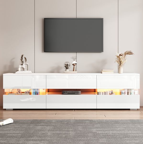 TV-Schrank, 160x39x45 cm, weißer Hochglanz-TV-Schrank mit LED, Acrylglas & Drucköffnung