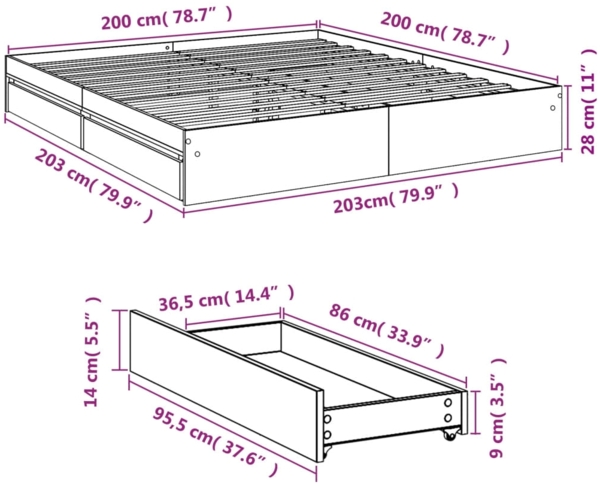 vidaXL Bettgestell mit Schubladen Sonoma-Eiche 200x200cm Holzwerkstoff 3280631 Bild 9