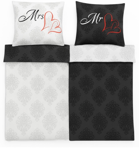 2er Set Partnerbettwäsche „Mr & Mrs“ - Mikrofaser-Bettwäsche mit Reißverschluss 155 x 220 cm