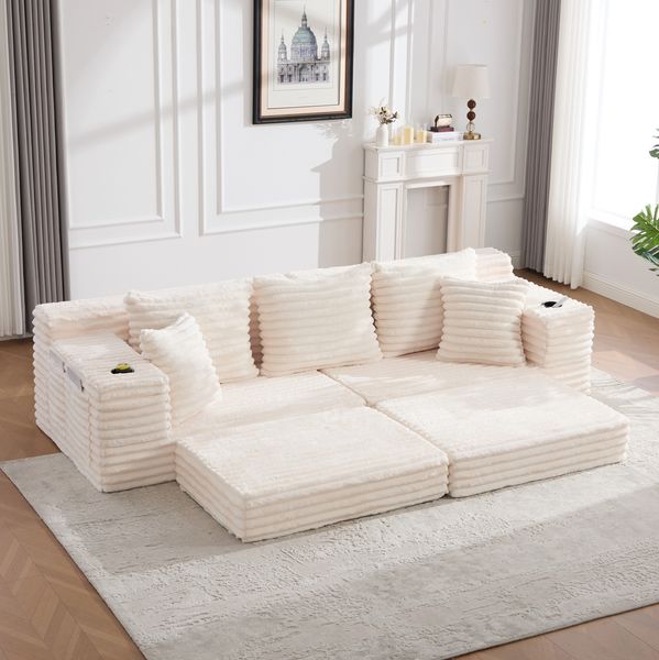 Schlafsofa Cord mit hoher Rückenlehne & Getränkehaltern, 273 x 98 x 87 cm, Beige