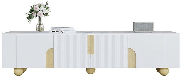 KLAM HOME Lowboard Moderner Lowboard Fernsehtisch TV-Schrank mit 4 Türen (TV-Ständer aus MDF und Spanplatte, 1-St, 180 x 40 x 44 cm), Marmoroptik-Oberfläche, kugelförmige Holzfüße für Wohnzimmer, Weiß