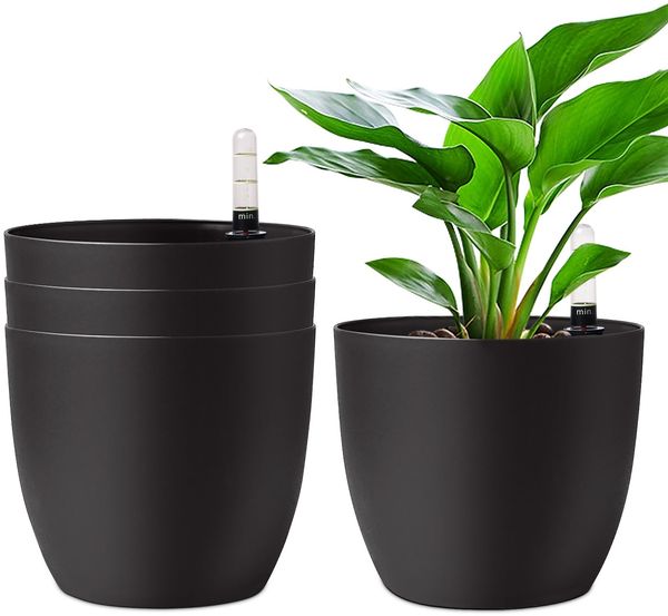 T4U 18cm Selbstwässernder Blumentopf mit Wasseranzeiger Schwarz 4er-Set, Selbstbewässerung Wasserspeicher Pflanzgefäß Übertopf für Innen- und Außenbereich