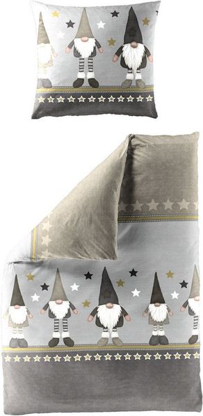 Bettwäsche Bierbaum Biber 4104-80 Wichtel Sterne beige grau 135x200