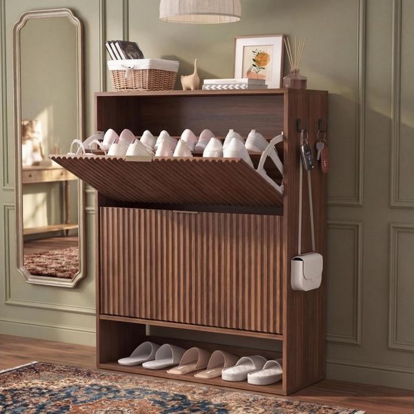 GarveeMore Schuhschrank Schuhkipper Schuhkommode mit 2 Klappen 2 Haken 80 x 30 x 102 cm