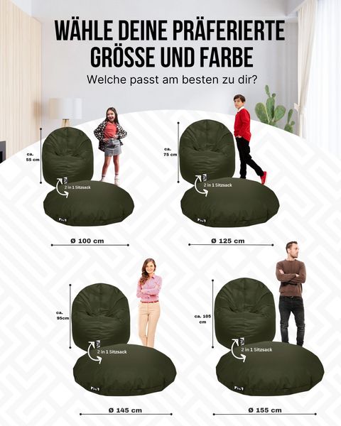 PATCH HOME 2 in 1 Sitzsack Sessel – Ø100 cm – Khaki, bequemer Sitzsack aus Luxus-Polyester-Gewebe, bereits befüllt Bild 3