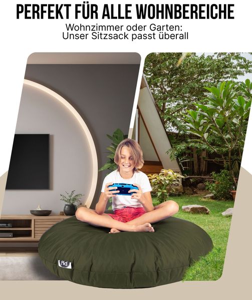 PATCH HOME 2 in 1 Sitzsack Sessel – Ø100 cm – Khaki, bequemer Sitzsack aus Luxus-Polyester-Gewebe, bereits befüllt Bild 4