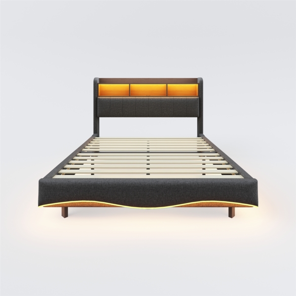 Graues Schwebebett 160x200 cm Mit LED Beleuchtung Und USB Type C Anschlüssen Doppelbett Mit Stauraum Modernes Design 250 Kg Tragkraft Bild 8