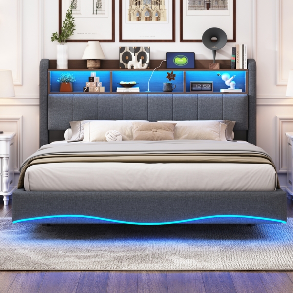 Graues Schwebebett 160x200 cm Mit LED Beleuchtung Und USB Type C Anschlüssen Doppelbett Mit Stauraum Modernes Design 250 Kg Tragkraft Bild 2