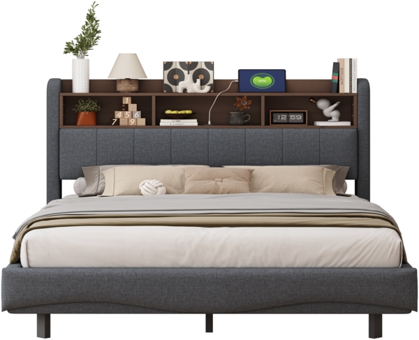 Graues Schwebebett 160x200 cm Mit LED Beleuchtung Und USB Type C Anschlüssen Doppelbett Mit Stauraum Modernes Design 250 Kg Tragkraft Bild 7