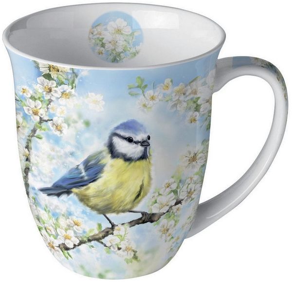 Ambiente Luxury Paper Products Tasse, Keramik, Tasse 10cm Porzellan mit Blaumeise und Blütenmotiv Blau Weiß Gelb