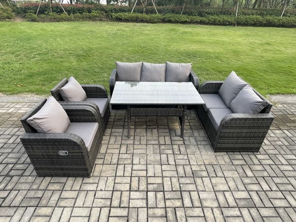 Fimous 7 Sitzer Rattan Garten Sofa Set Gartenmöbel Langer Rechteckiger Esstisch mit Sessel Liebe Sofa Dunkelgrau gemischt