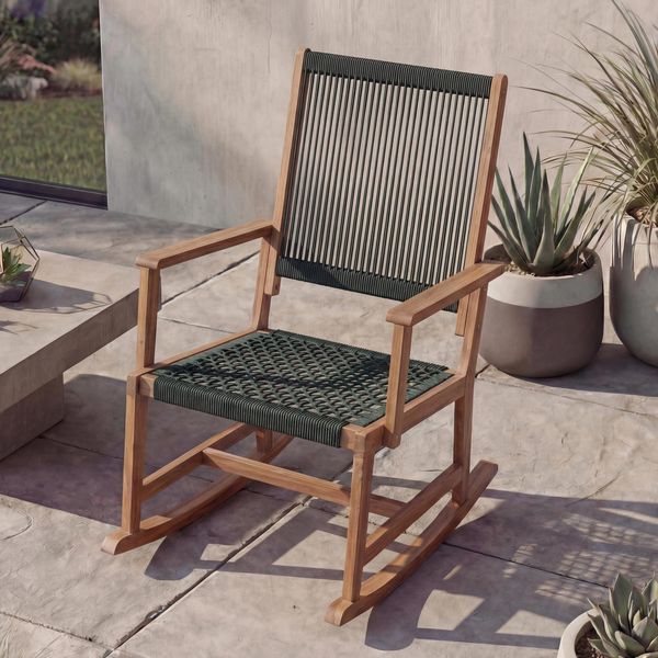 Schaukelstuhl HWC-P73, Garten Outdoor Wippstuhl Relaxstuhl Schaukelliege, Akazie Holz Rope Seilgeflecht ~ olivgrün