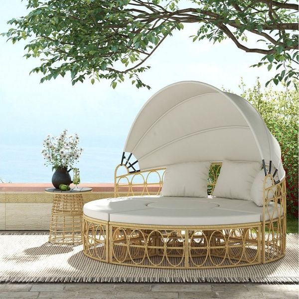 Outsunny Sitzgruppe Sonneninsel, 4-tlg. Muschel Gartenmöbel-Set mit klappbarem Verdeck, (Gartengruppe, 4-tlg, Gartenmöbel), Für Outdoor, Creme