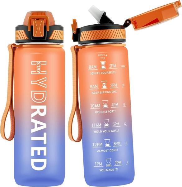 Sport Trinkflasche 800ML BPA-Frei Tritan Strohhalm und Zeitmarkierung Orange