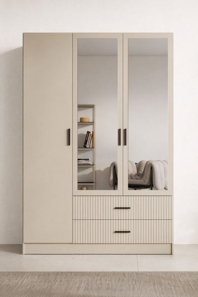 OTTO home Kleiderschrank TERRIK, modern mit viel Stauraum & geriffelter Struktur, Spiegel (B/H/T ca. 150/200/60 cm) Garderobe mit 6 Fächern, Kleiderstange, 2 Schubladen, Made in EU