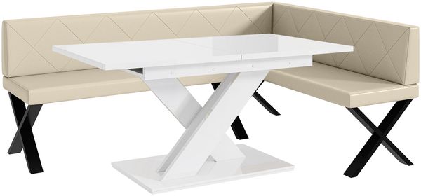MEBLINI Eckbank für Esszimmer mit ausziehbarem Tisch - Küchenbank - Essecke - Sitzecke Küche - ERIC - X-Beine 142x196x87cm Rechts - Creme Kunstleder/B Weiß Hochgl.