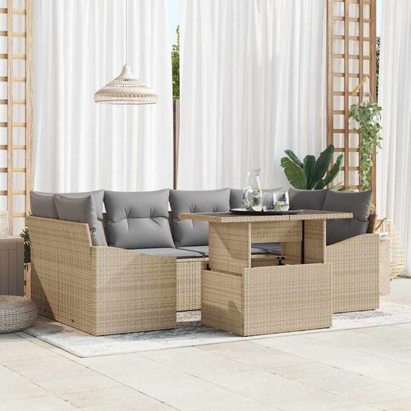 vidaXL Garten-Sofa-Set mit Kissen mit Speicher 7 pcs Beige Poly-Rattan 3357673