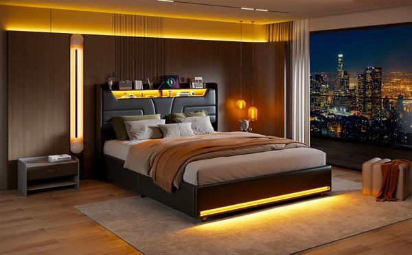 Gdood Polsterbett Stauraumbett Doppelbett LED, Kunstleder stoff (Zwei Steckdosen + USB, Hydraulisch hebbarer Stauraum), Mit LED-Beleuchtung, Bettkasten, Lattenrost, 140x200 cm