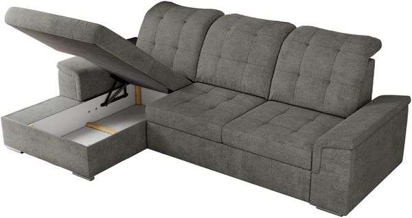 L-förmige Ecksofa mit gesteppter Sitzfläche und Rückenlehne, verstellbare Rückenkissen, Schlaffunktion und Bettkasten - MADRITO - Grau Stoff - linke Seite Bild 6