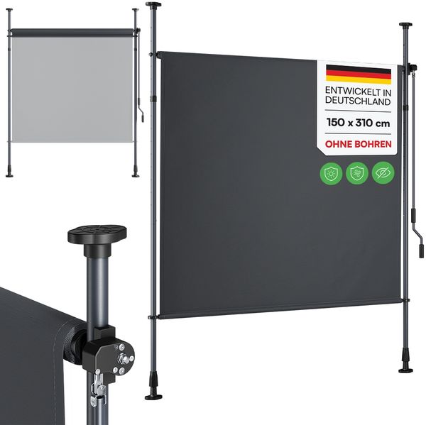 STEELSØN 'Serelia' Senkrechtmarkise mit Handkurbel 150x310 cm, anthrazit, stufenlos höhenverstellbar, wetterfest und UV-beständig, Klemmmarkise ohne Bohren, ausziehbare Vertikalmarkise