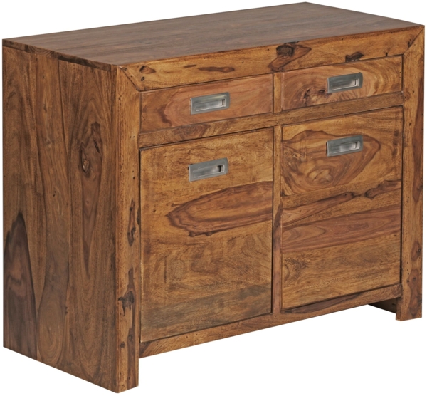 Wohnling Sideboard Massivholz Sheesham Kommode 90 cm 2 Schubladen 2 Türen Design Highboard Landhaus-Stil braun natur Echt-Holz Schubladenkommode Natur-Produkt Flur-Möbel Aufbewahrung Dielen-Möbel