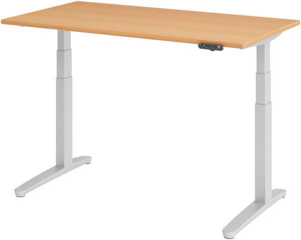 bümö elektrisch höhenverstellbarer Schreibtisch 140x80 cm in Buche, Gestell in silber - Designer Bürotisch mit Memoryfunktion, elektrischer Stehschreibtisch höhenverstellbar, XBHM14-6-SS
