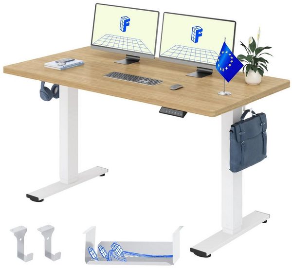 FLEXISPOT Schreibtisch Basic-Series Elektrisch höhenverstellbarer Schreibtisch (Anti-Kollisions-system, 2- Fach-Teleskop, mit Haken, LED-Display), 100/110/120/140/160, MIT einteilige Tischplatte, MADE in EU