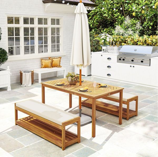 Outsunny Sitzgruppe inkl. 1 Esstisch mit Schirmloch, 2 Bänke, (Sitzgarnitur aus Akazienholz, 3-tlg, 3 tlg. Gartenmöbel-Set), für Balkon, Terrasse, Teak