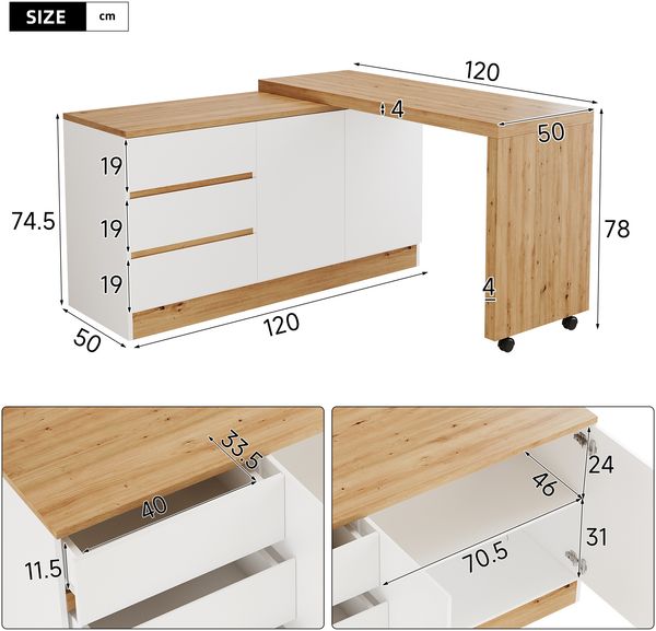 Flieks multifunktionaler Schreibtisch mit Rollen, drehbare Tischplatte, 2-in-1 Schreibtisch & Sideboard, mit 2 Türen & 3 Schubladen, 120 × 50 × 78 cm, Weiß/Eiche Bild 4