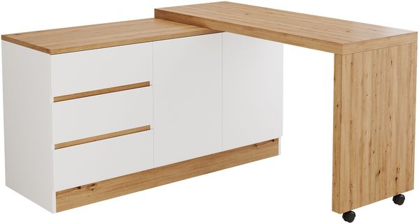 Flieks multifunktionaler Schreibtisch mit Rollen, drehbare Tischplatte, 2-in-1 Schreibtisch & Sideboard, mit 2 Türen & 3 Schubladen, 120 × 50 × 78 cm, Weiß/Eiche Bild 5
