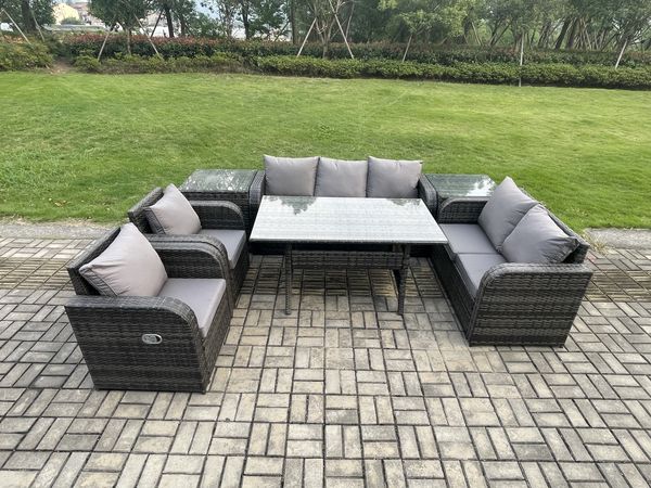 Fimous Dunkelgrau Polyrattan Gartenmöbel-Set Liegestuhl Liebe Sofa 2 Sitzer Sofa Set Outdoor Rechteckiger Esstisch 2 Beistelltischen 7 Sitzer