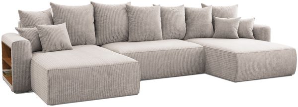 MEBLINI Schlafcouch mit Bettkasten - 350 x 160 x 78 cm - Beige Cordstoff - NAPLES - Ecksofa mit Schlaffunktion - Sofa mit Relaxfunktion und Kopfstützen - Couch U-Form - Eckcouch - Wohnlandschaft