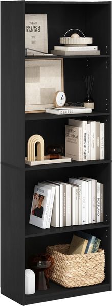 Furinno GEHRY Bücherregal, 5-stufiges Bücherregal, Bookcase, mit verstellbaren Böden, 11.6 x 24.8 x 71.4, für Homeoffice, Wohnzimmer, Dunkelholz