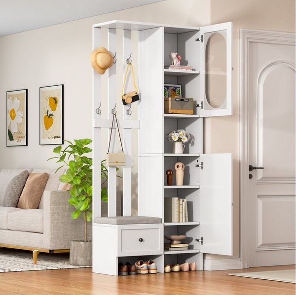 Merax Garderoben-Set Scandi weißer Flurschrank aus Holz & Glas, (Kompaktgarderobe 85x33,5x200cm, 1-St, platzsparend & multifunktional), Flurgarderoben Set mit 2 Schränken, Schuhbank, Schublade und Haken