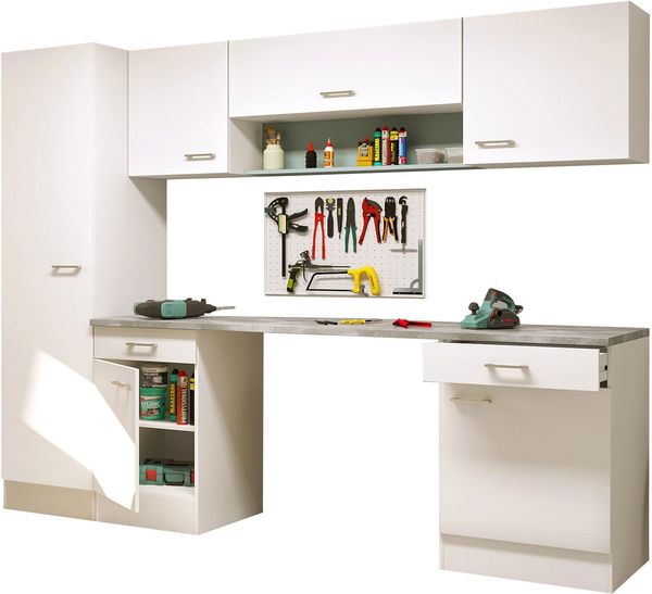 Flex-Well Mehrzweckschrank-Set LUCCA, 8-teilig, Hauswirtschaft-, Hobby/Werkraum, Küche, Breite 260 cm, (Komplett-Set, 8-St, bestehend aus: 2x Unter-, 3x Ober- und 1x Hochschrank, Regal+APL), Kombination aus 7 Möbelteilen und durchgehender Arbeitsplatte