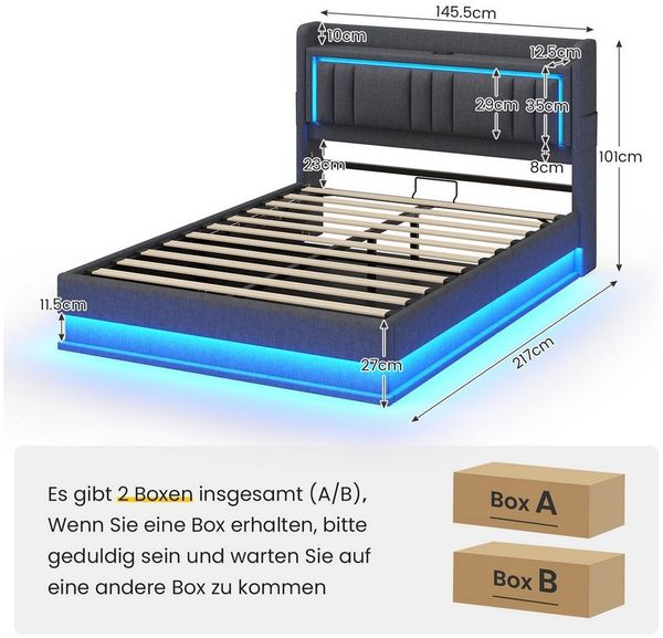 KIMENICH Polsterbett Hydraulisches Bett, Jugendbett mit LED Beleuchtung und Ladestation (1-tlg, Ohne Matratze), Schwebender visueller Effekt, 140x200 cm