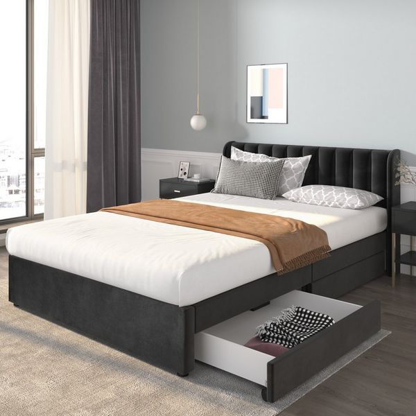 KLAM HOME Polsterbett Samt Einzelbett Doppelbett Stauraumbett Continentalbett (Mit Lattenrost Rückenlehne 2 Schubladen 140*200cm), Schublade auf Rollen