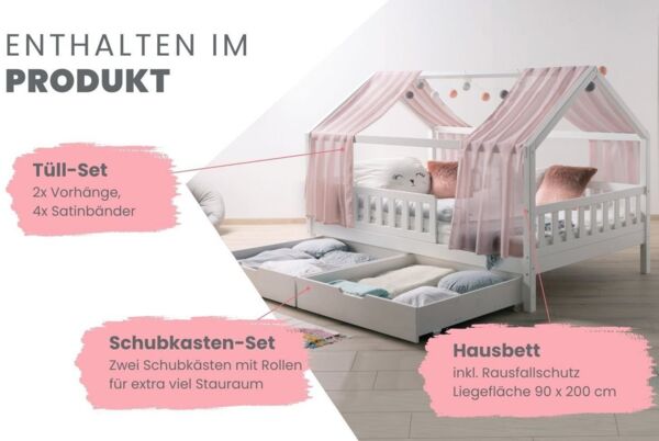 Ticaa Hausbett Kim mit Rausfallschutz und Schubkasten aus Kiefer, Kinderbett 90x200, inkl. Tüll-Set, mit Rollrost, mit Matratze