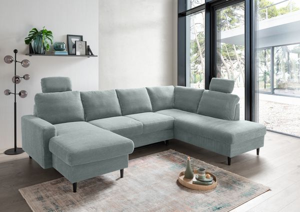 Wohnlandschaft >Pris< U-Form, Funktionen, cord aqua - 153x305x75x200 (LxBxHxT)