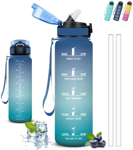 Trinkflasche, Trinkflasche 1l, Trinkflasches mit Strohhalm, Leicht zu Reinigen, Trinkflasches Auslaufsicher, Kann mit dir Tragen, Trinkflasch Motivation, Wasserflasche für Wandern, Fitness, Camping