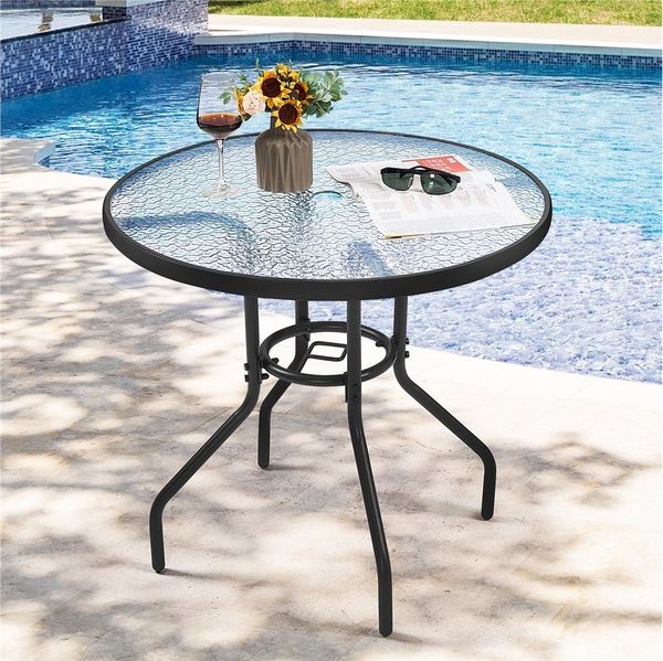 Yaheetech Gartentisch mit Schirmloch & Glasplatte, schwarzes Metallgestell, Ø 70 x 73 cm